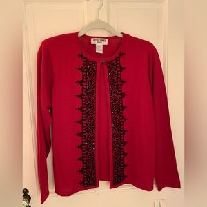Elegant Ruby Red Sweater set w black jet trim PL Orig $49 MOVING SALE $10 firm